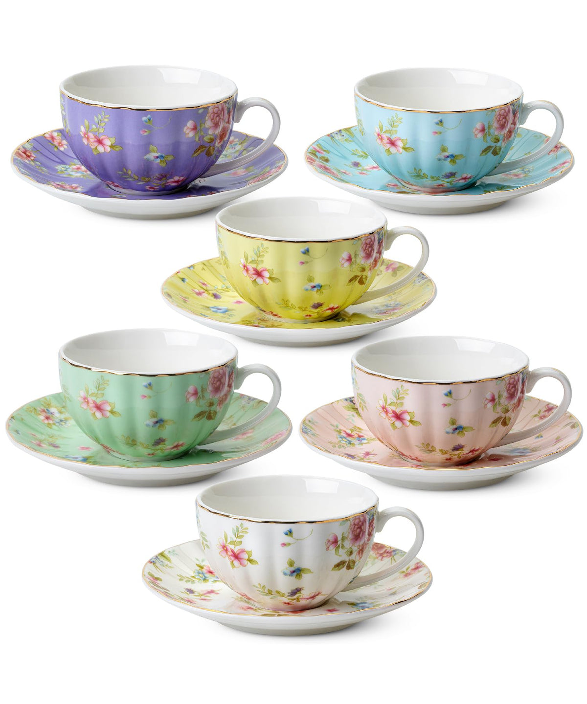Floral Porcelain Tea Cups & Saucers Set of 6 – Midnight Blue