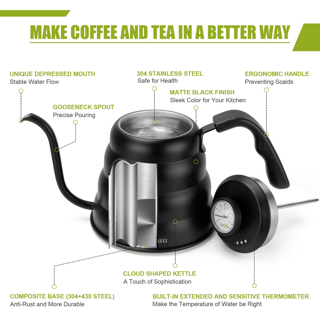 Stovetop Gooseneck Kettle with Thermometer – 40oz Stainless Steel, Pour Over