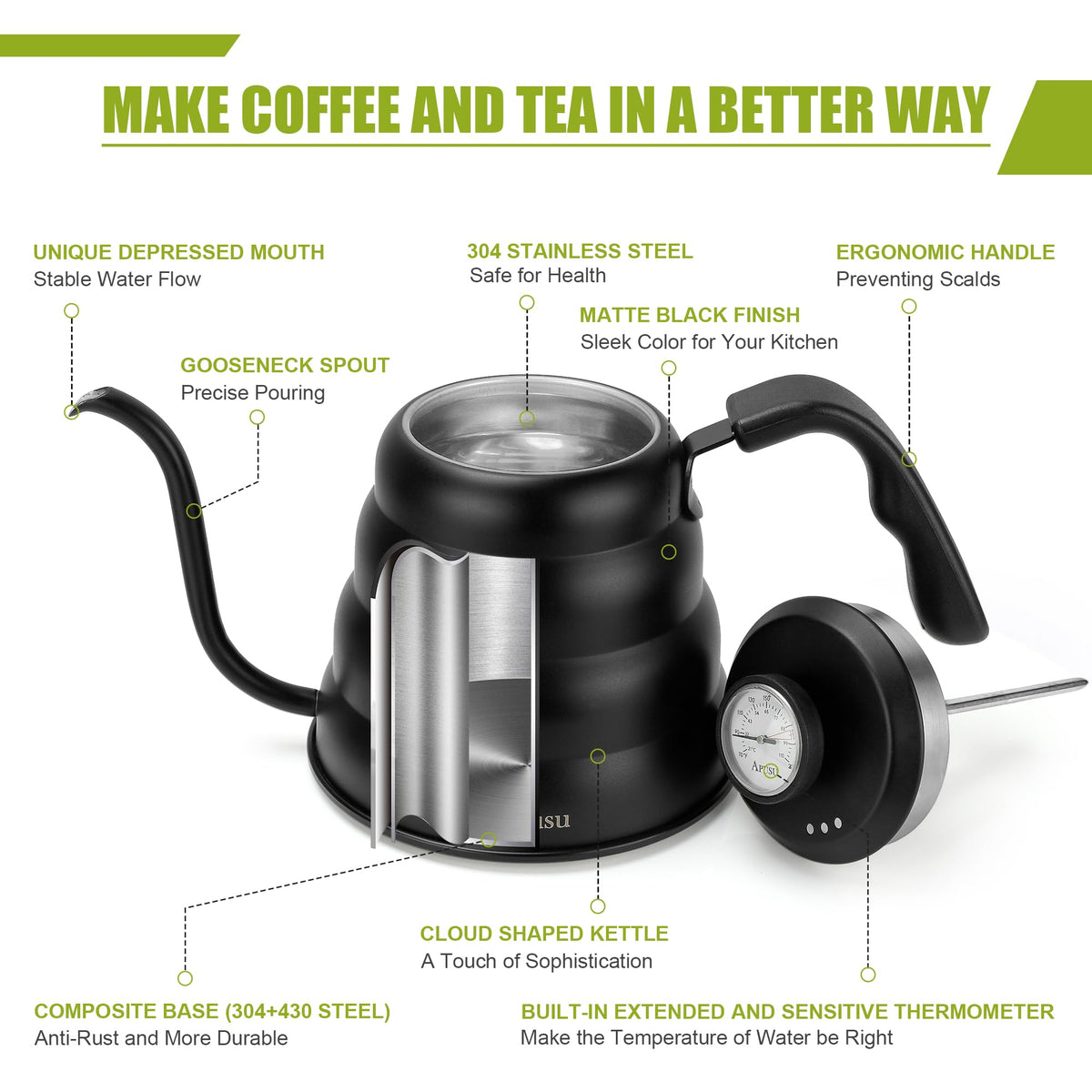 Stovetop Gooseneck Kettle with Thermometer – 40oz Stainless Steel, Pour Over