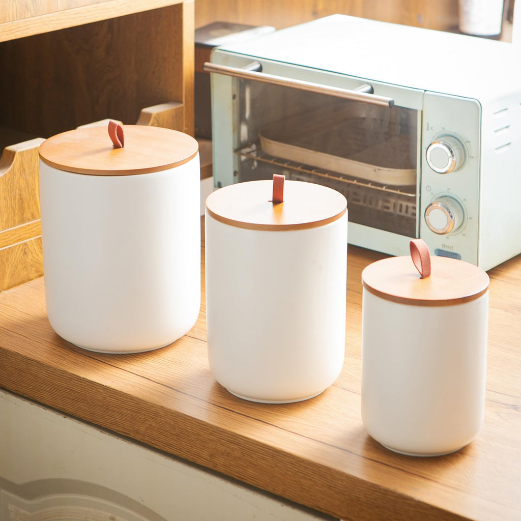 Mowtanco White Embossed Ceramic Canister Set of 3 – Airtight Bamboo Lids, 12/30/48 oz