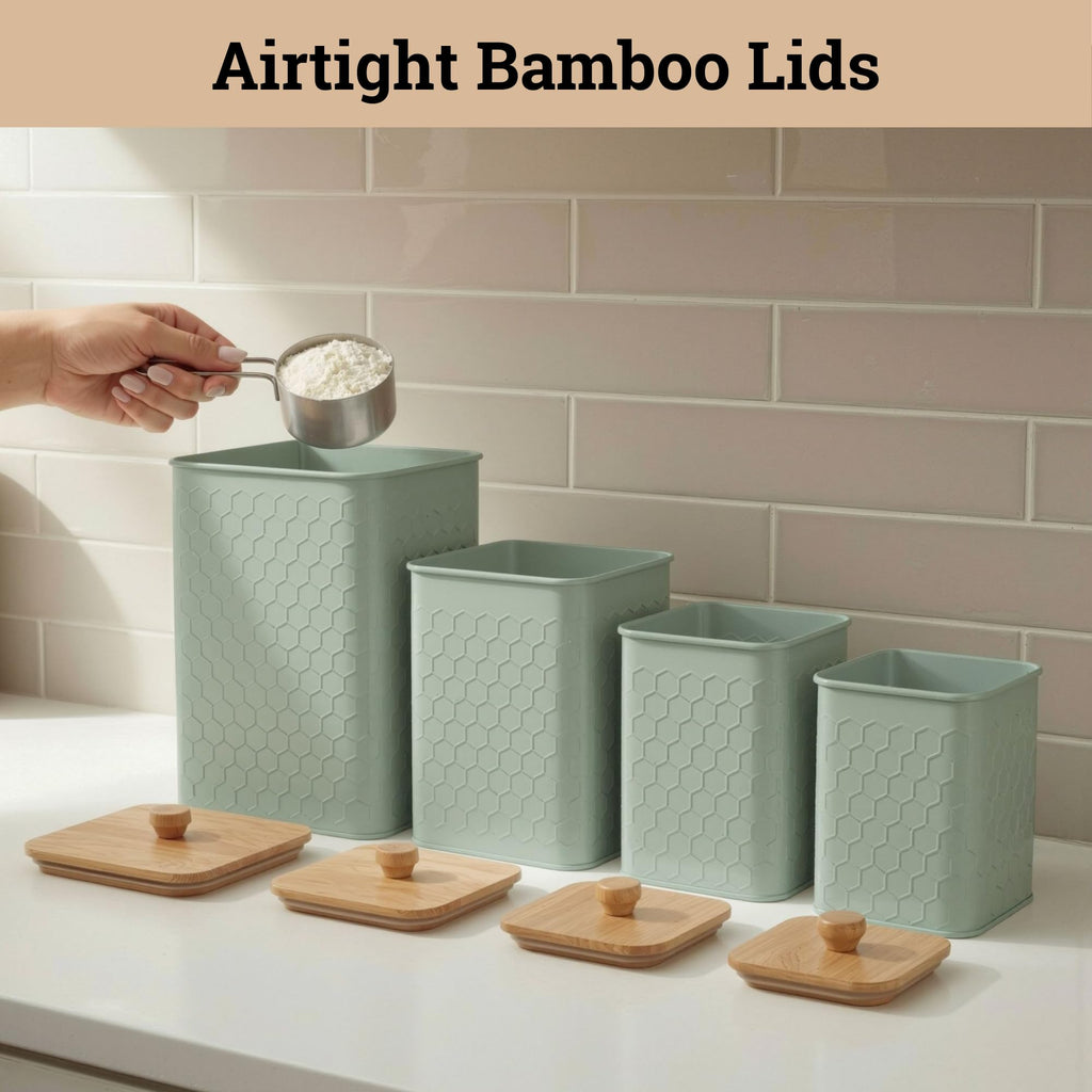 Honeycomb Metal Kitchen Canister Set of 4 – Airtight Bamboo Lids, Matte Black, 1.25–6.5 qt