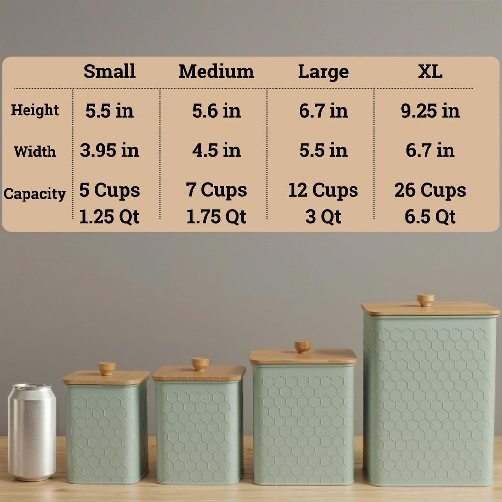 Honeycomb Metal Kitchen Canister Set of 4 – Airtight Bamboo Lids, Matte Black, 1.25–6.5 qt