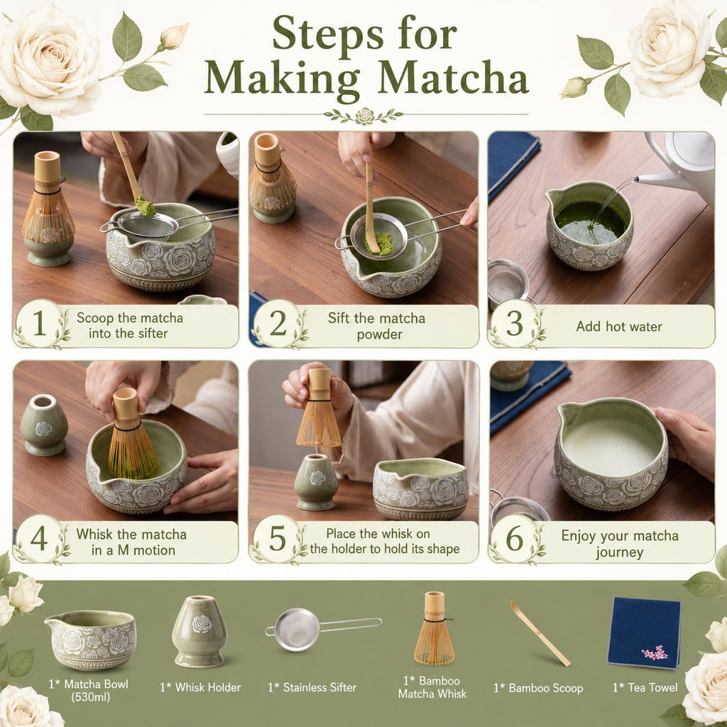 Buucup 7-Piece Green Ceramic Matcha Set – Bowl, Bamboo Whisk, Scoop, Holder, Rest, Sifter & Tea Towel