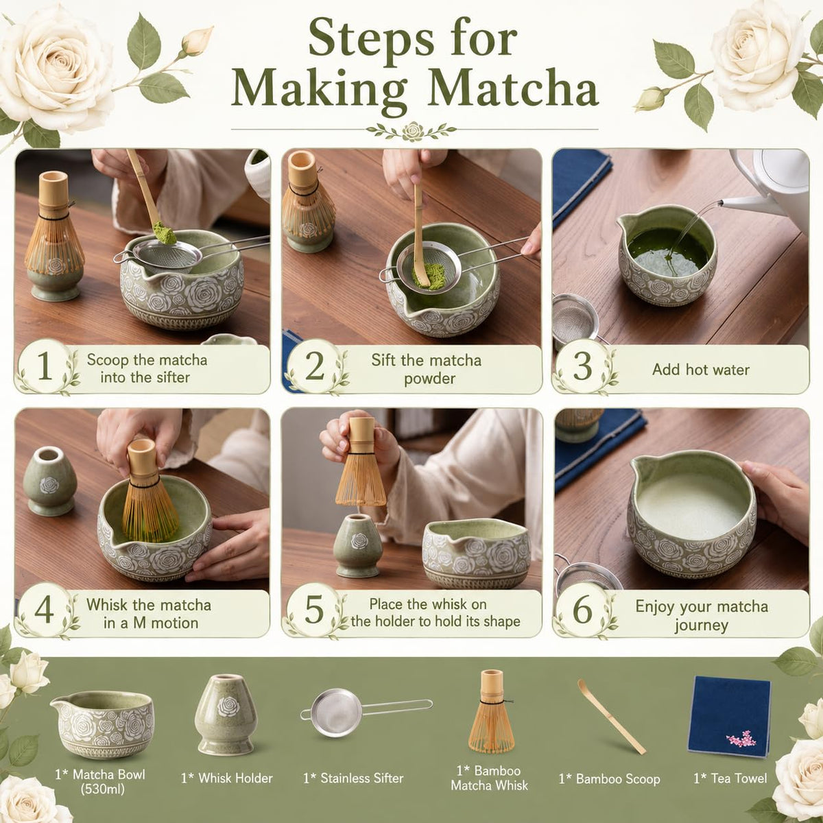 Buucup 7-Piece Green Ceramic Matcha Set – Bowl, Bamboo Whisk, Scoop, Holder, Rest, Sifter & Tea Towel