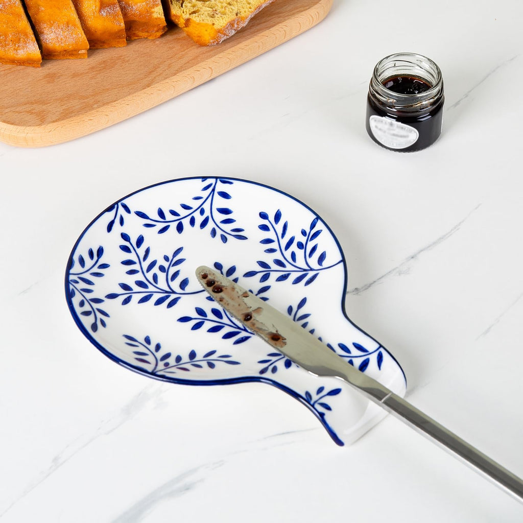Ceramic Vintage Spoon Rest – 5.5" Blue & White Leaf, Porcelain