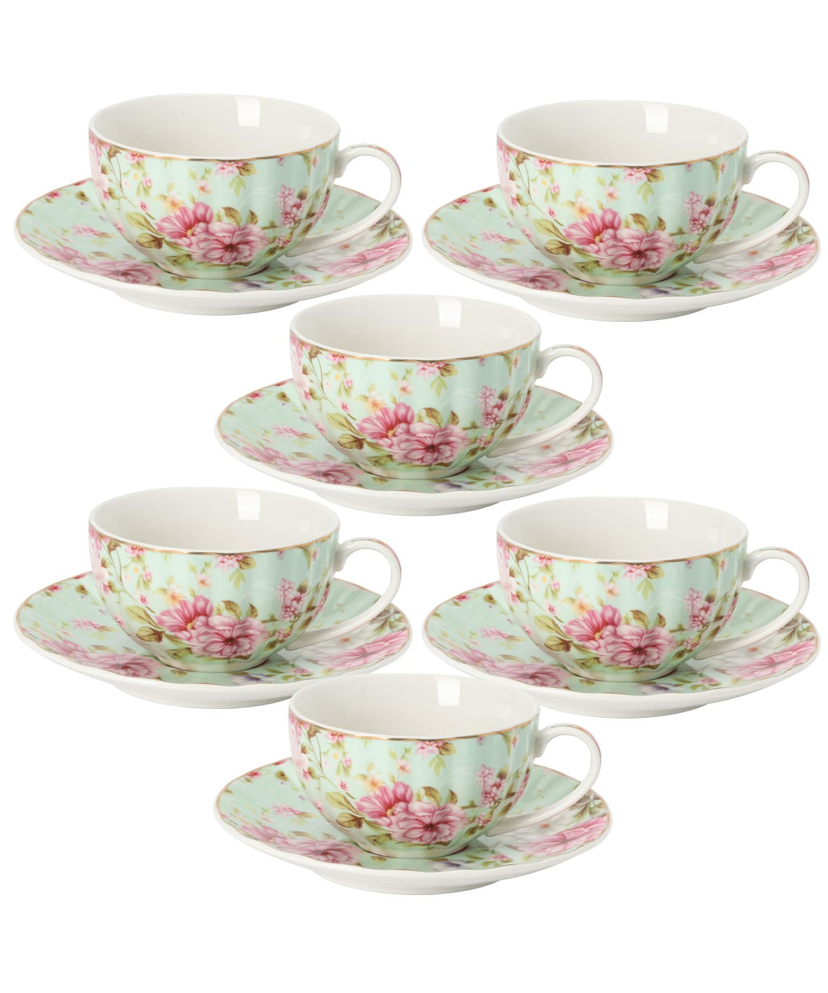 Floral Porcelain Tea Cups & Saucers Set of 6 – Midnight Blue