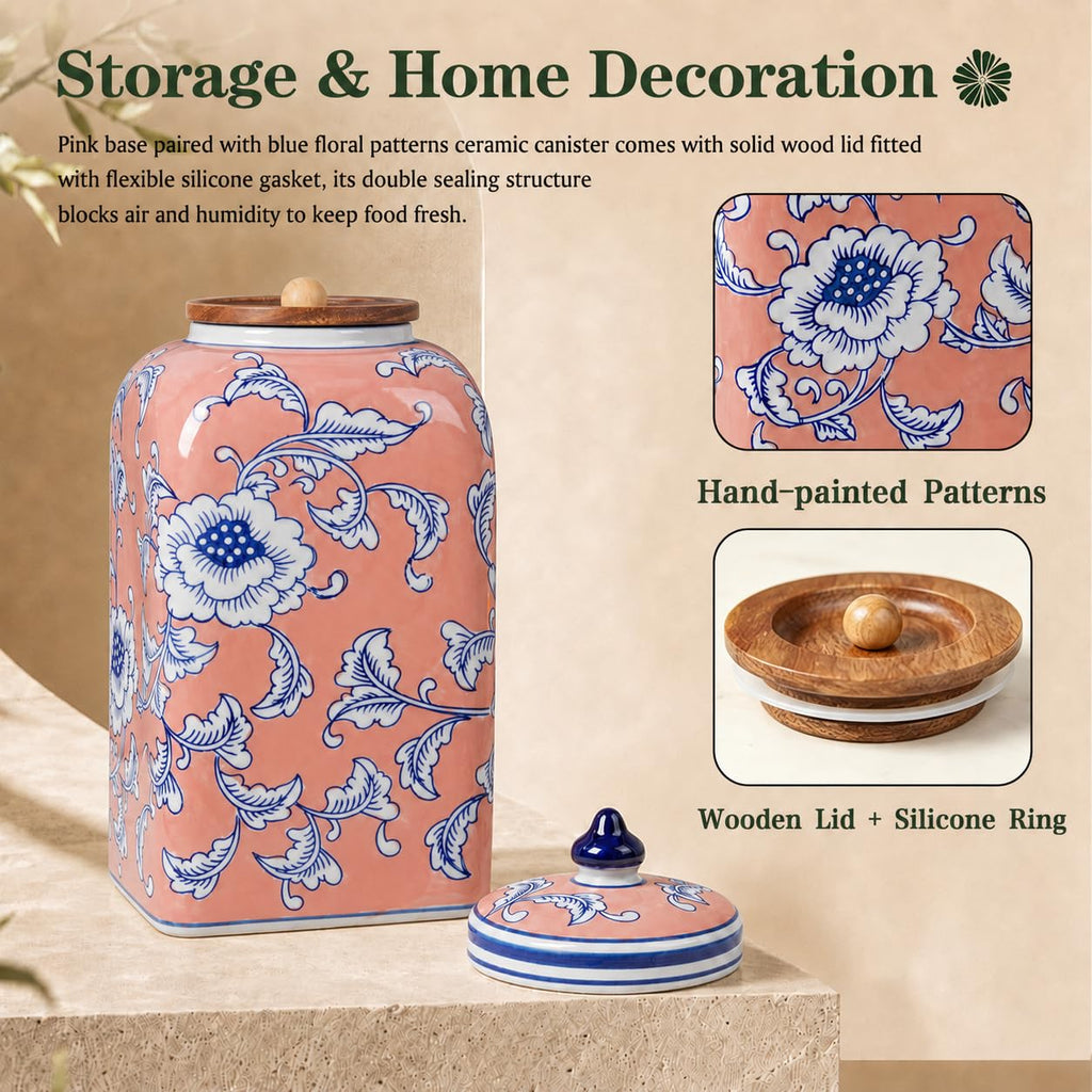 Ceramic Tea & Coffee Canister with Airtight Lid – 10" H, 121 fl oz, Green Peony Chinoiserie
