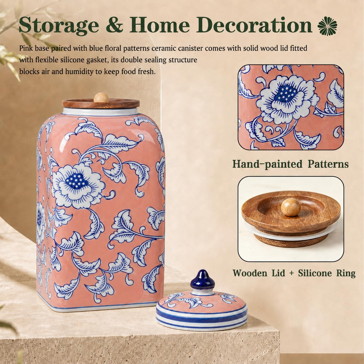 Ceramic Tea & Coffee Canister with Airtight Lid – 10" H, 121 fl oz, Green Peony Chinoiserie
