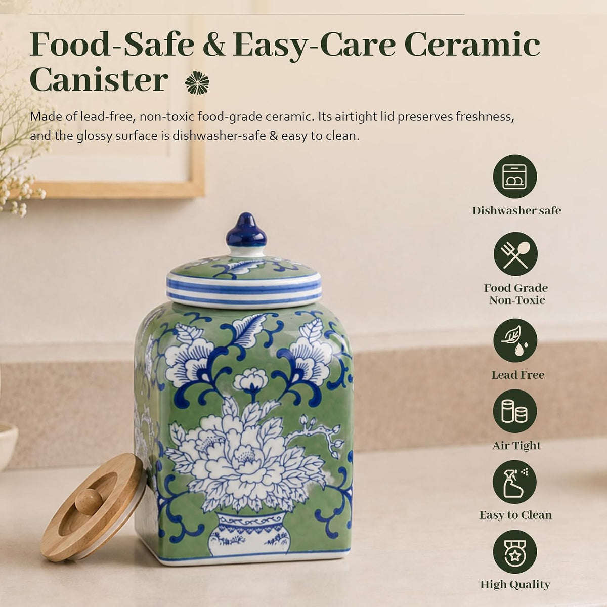 Ceramic Tea & Coffee Canister with Airtight Lid – 10" H, 121 fl oz, Green Peony Chinoiserie