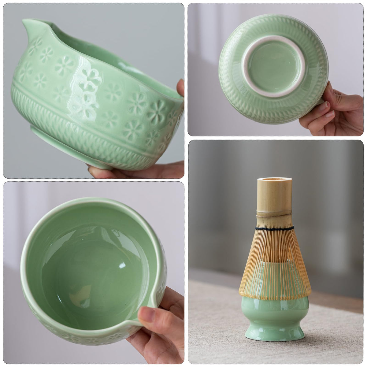 Buucup 7-Piece Green Ceramic Matcha Set – Bowl, Bamboo Whisk, Scoop, Holder, Rest, Sifter & Tea Towel