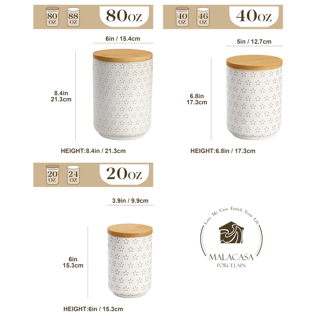 MALACASA LYDIA Ceramic Canister Set of 3 – Hexagon, Airtight Wooden Lids, 20/40/80 oz