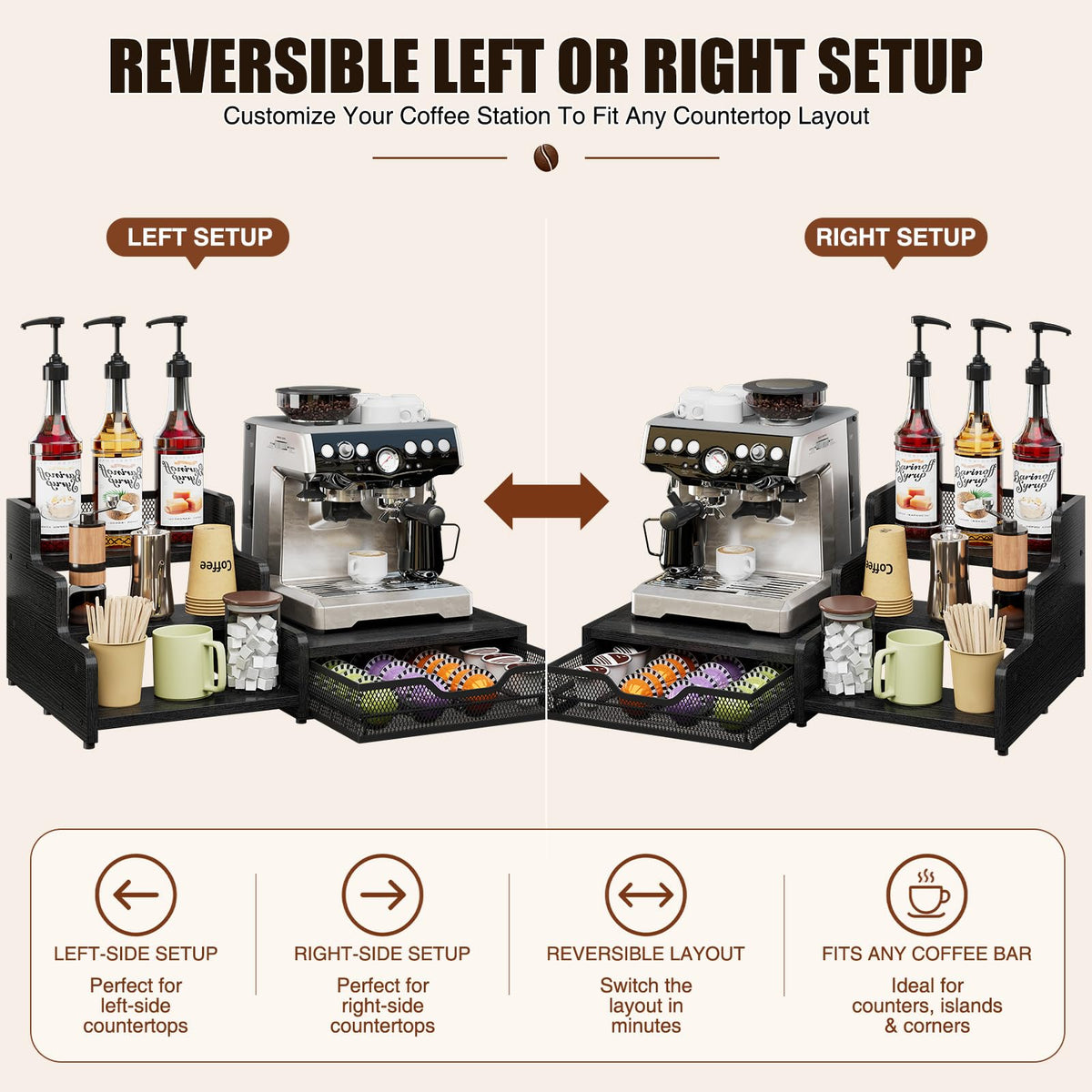3-Tier Coffee Station Organizer with K-Cup Holder – Rustic Brown
