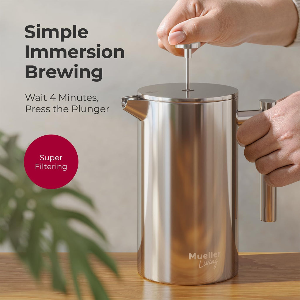 MuellerLiving French Press Coffee Maker – 34oz, Stainless Steel, 4-Filter