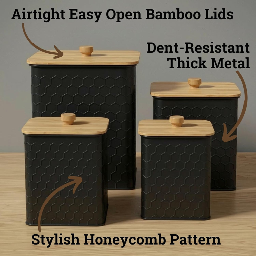 Honeycomb Metal Kitchen Canister Set of 4 – Airtight Bamboo Lids, Matte Black, 1.25–6.5 qt
