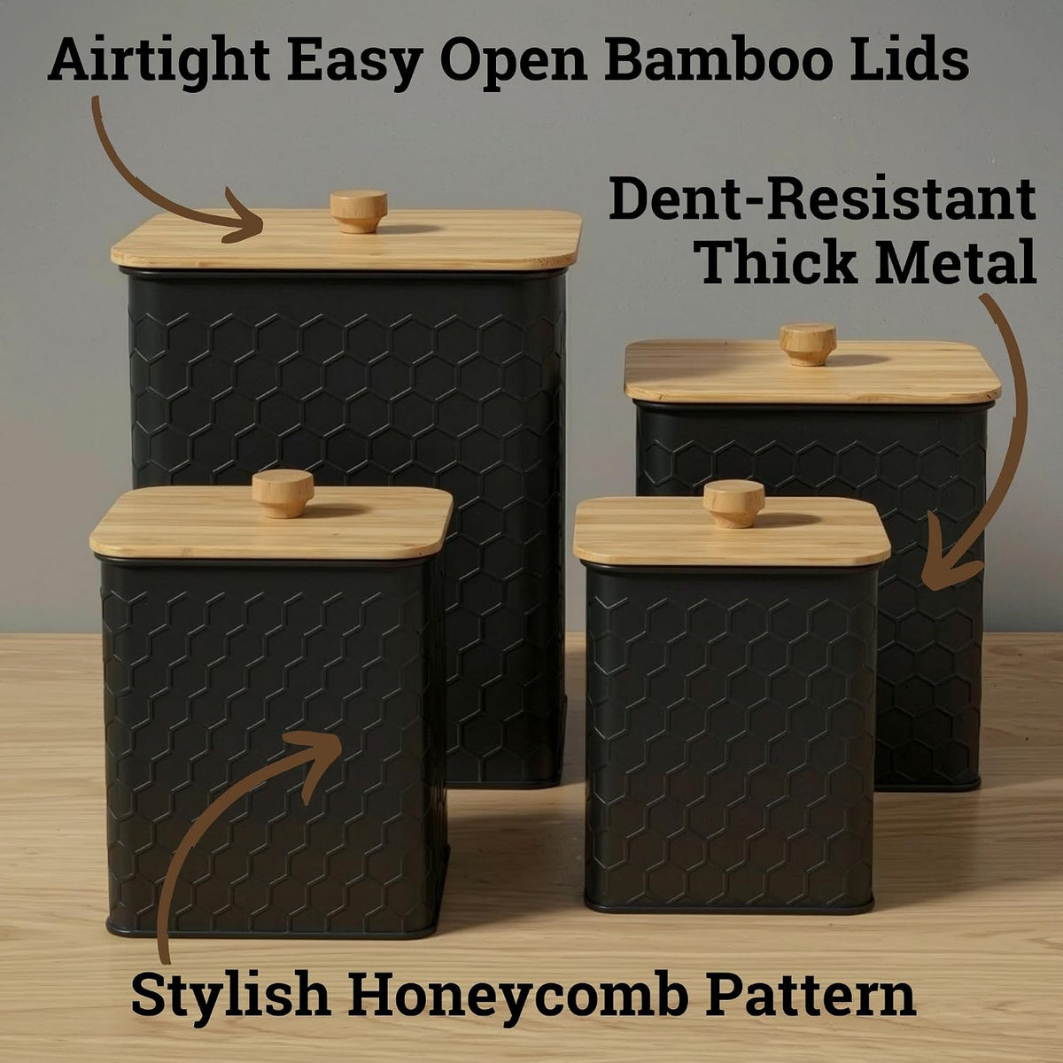 Honeycomb Metal Kitchen Canister Set of 4 – Airtight Bamboo Lids, Matte Black, 1.25–6.5 qt