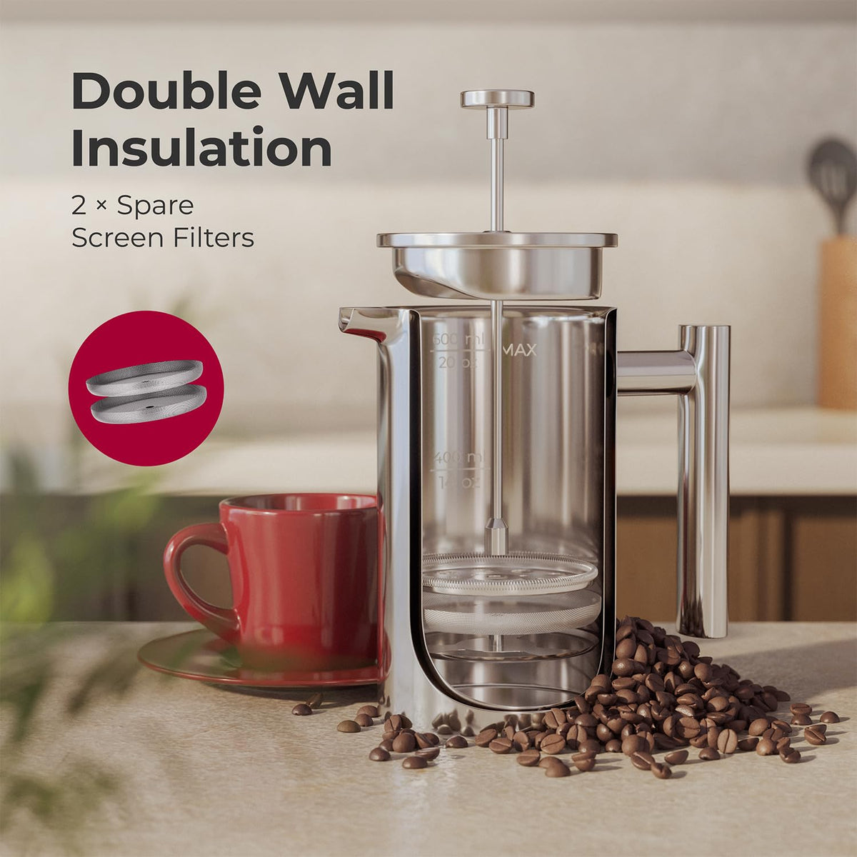 MuellerLiving French Press Coffee Maker – 34oz, Stainless Steel, 4-Filter