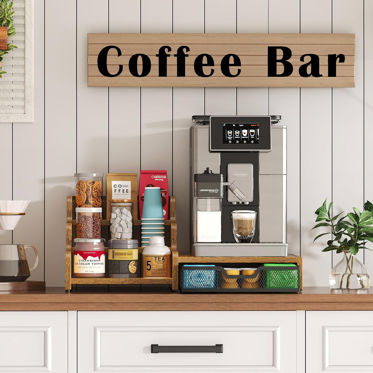 3-Tier Coffee Station Organizer with K-Cup Holder – Rustic Brown