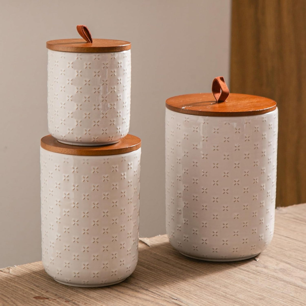 Mowtanco White Embossed Ceramic Canister Set of 3 – Airtight Bamboo Lids, 12/30/48 oz