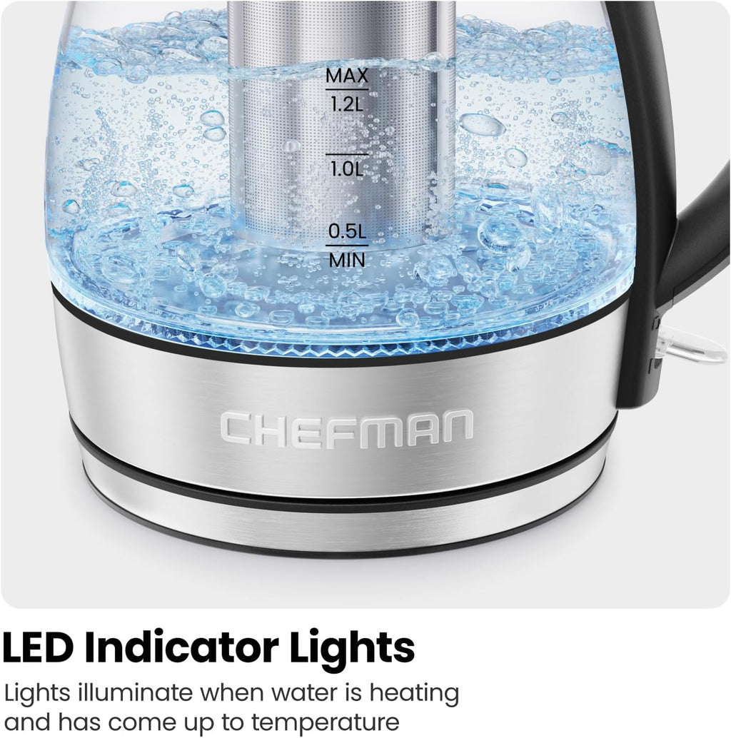 Chefman 1.2L Glass Electric Tea Kettle with Infuser