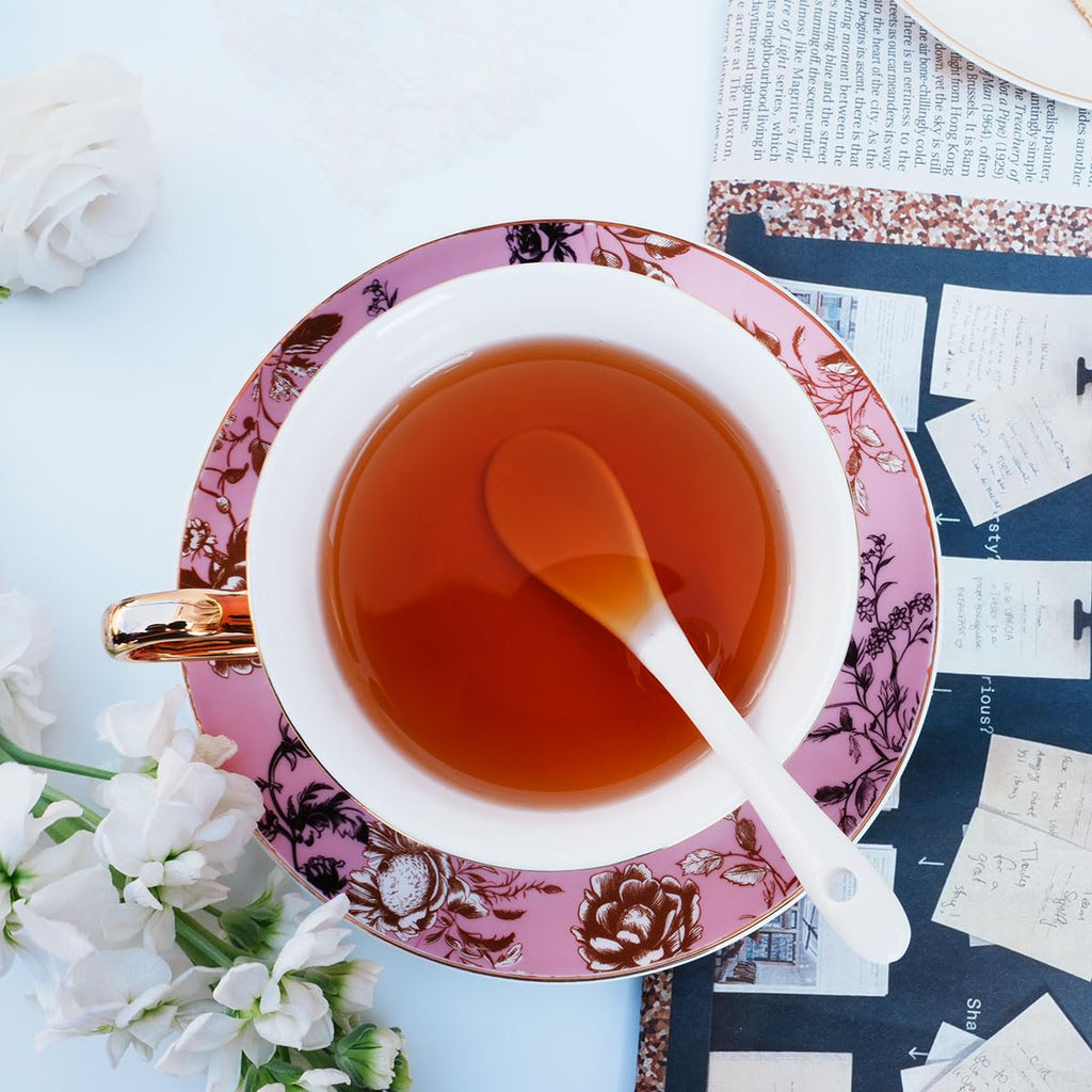 Bone China Floral Tea Cup & Saucer Set with Spoon – 7 oz