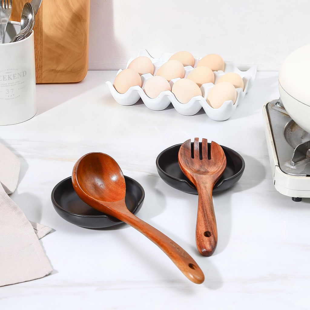 Selamica Ceramic Spoon Rest Set of 4 with Metal Holder – 4.8", Assorted Colors