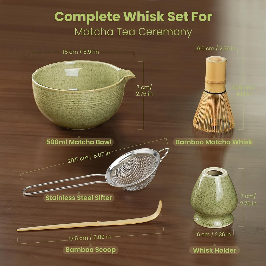 5-Piece Ceramic Matcha Set – Mottled Green Chawan, Handcrafted Bamboo Chasen, Scoop & Holder