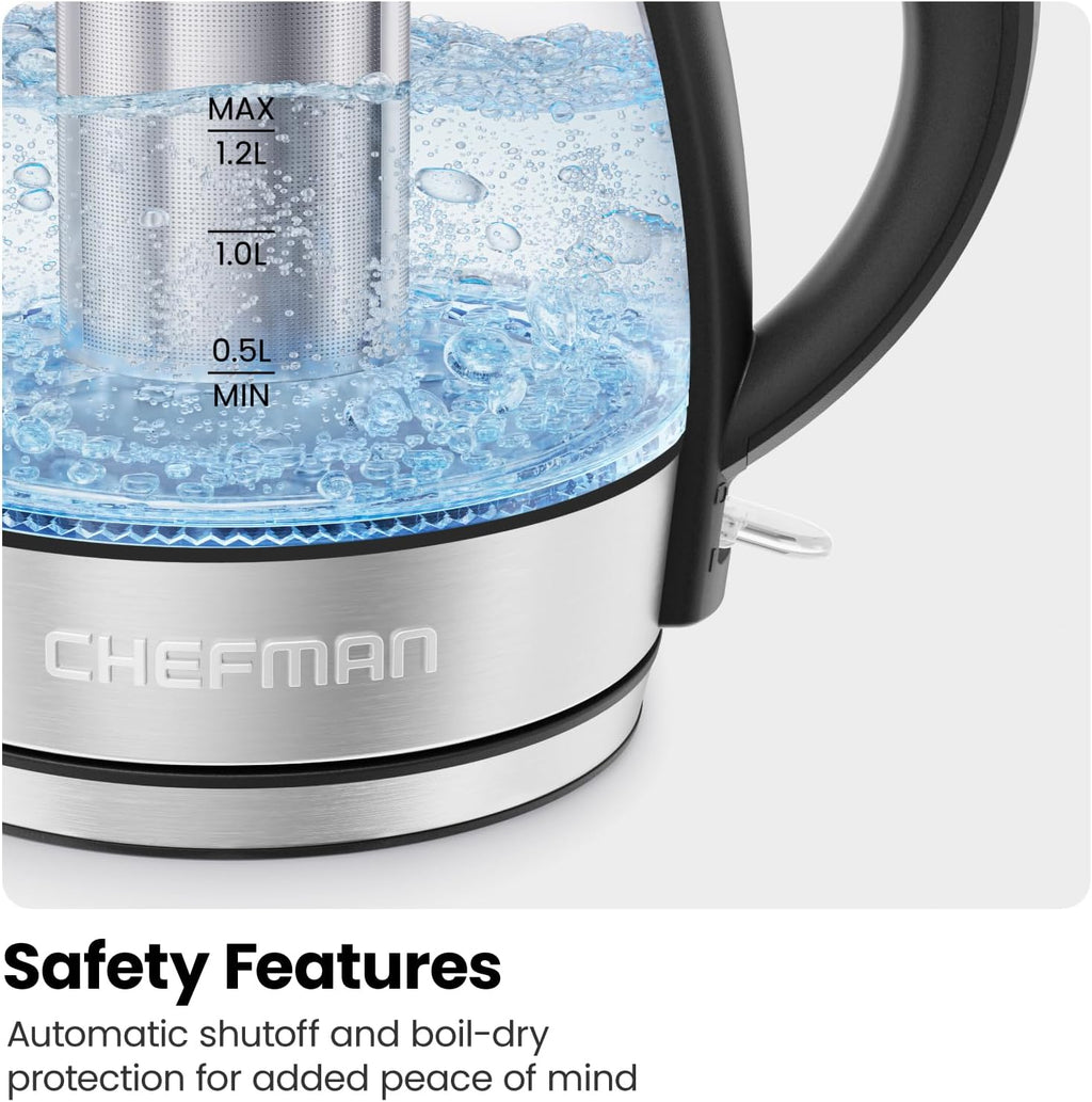 Chefman 1.2L Glass Electric Tea Kettle with Infuser