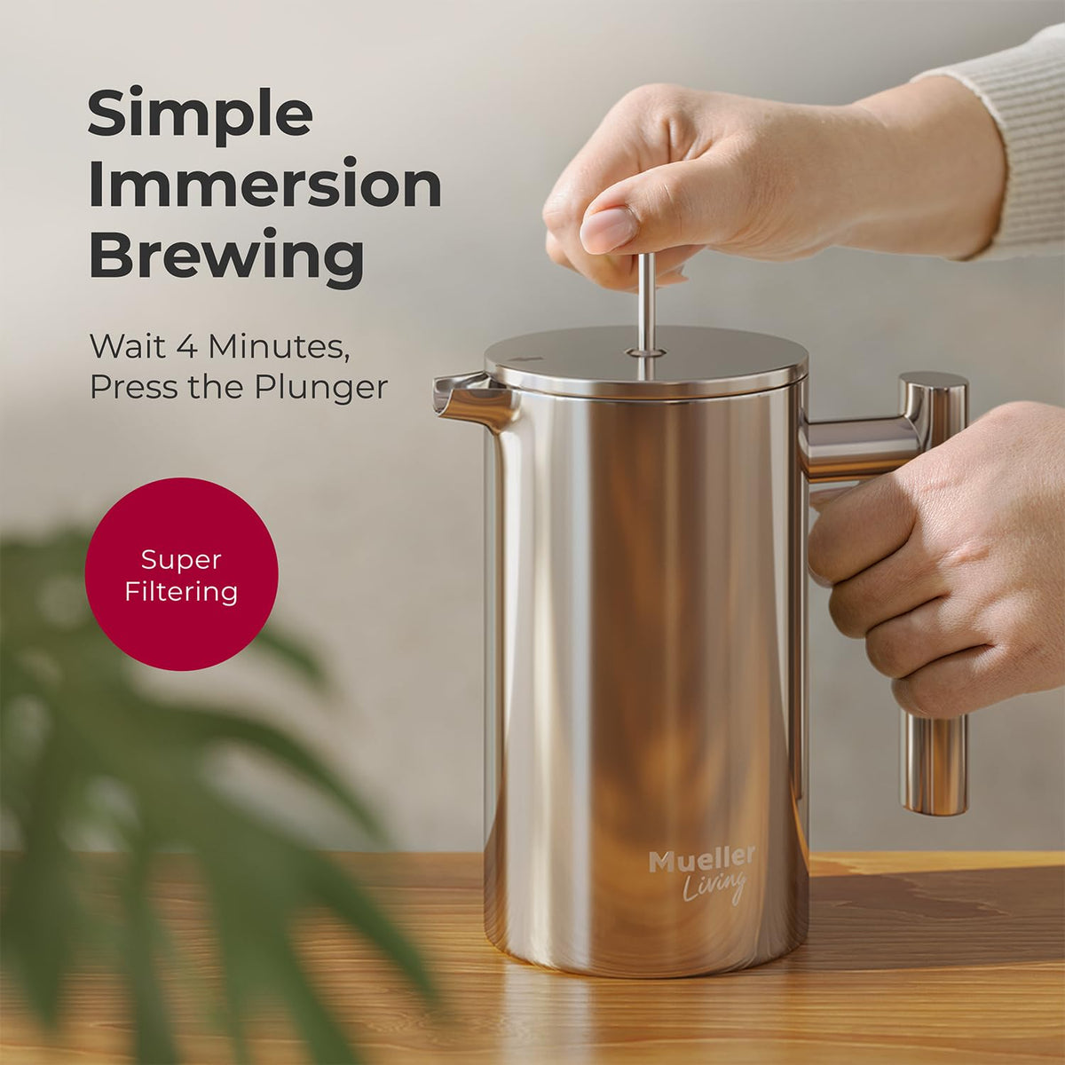MuellerLiving French Press Coffee Maker – 34oz, Stainless Steel, 4-Filter