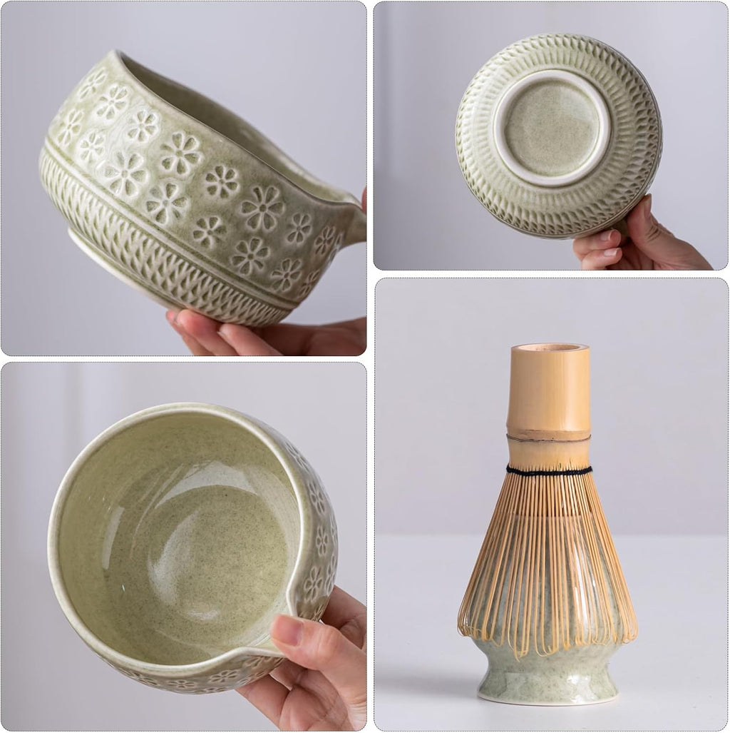 Buucup 7-Piece Green Ceramic Matcha Set – Bowl, Bamboo Whisk, Scoop, Holder, Rest, Sifter & Tea Towel