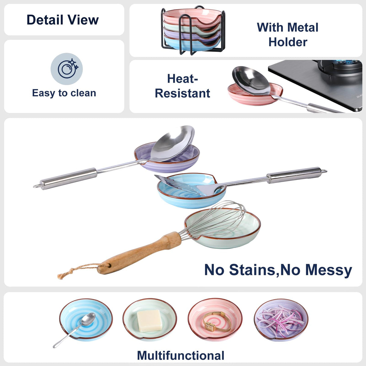 Selamica Ceramic Spoon Rest Set of 4 with Metal Holder – 4.8", Assorted Colors