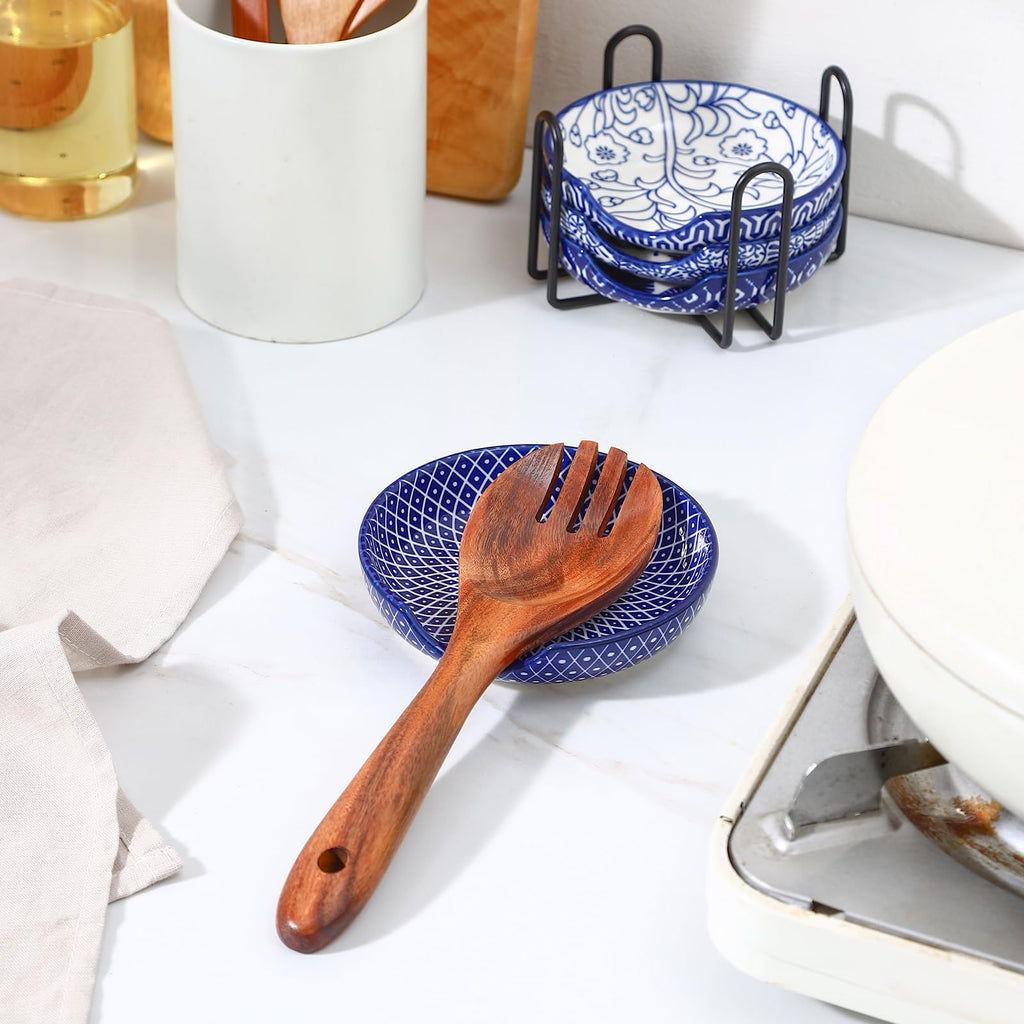 Selamica Ceramic Spoon Rest Set of 4 with Metal Holder – 4.8", Assorted Colors