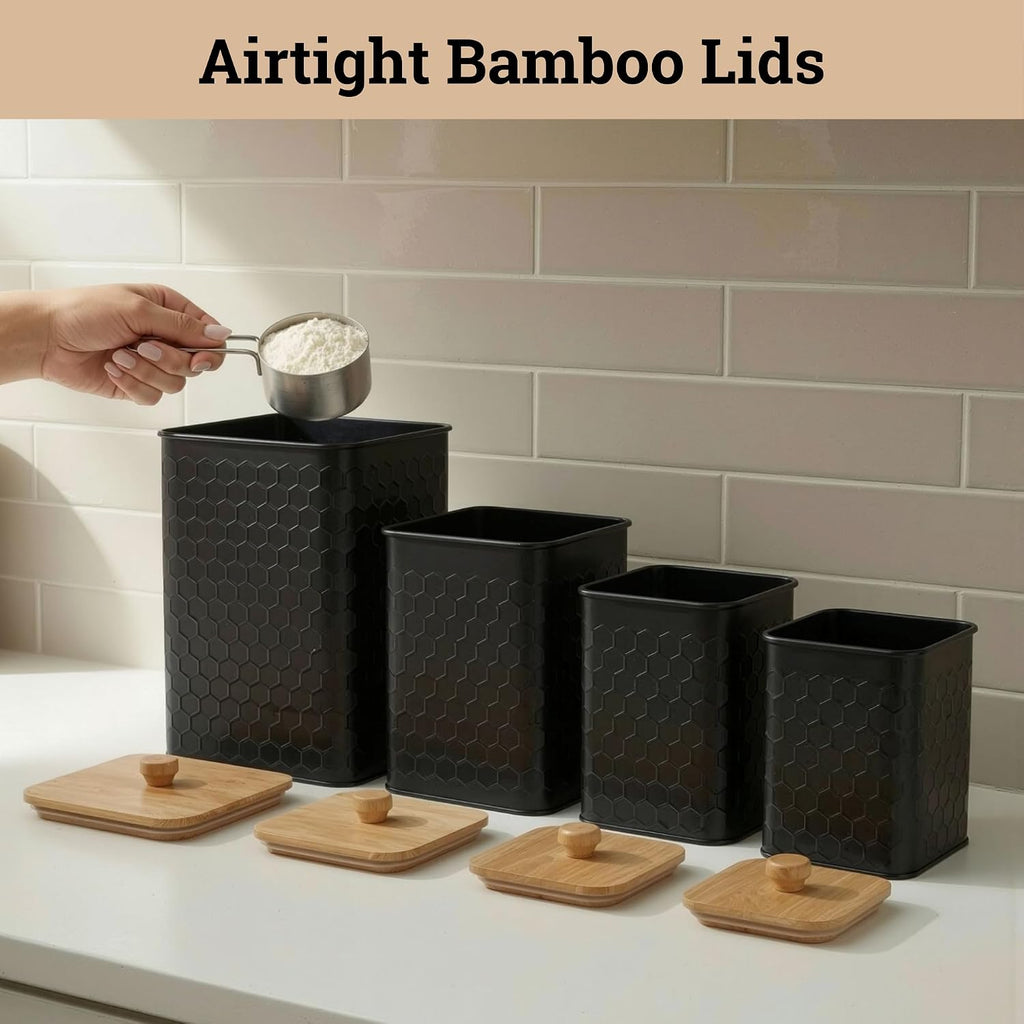 Honeycomb Metal Kitchen Canister Set of 4 – Airtight Bamboo Lids, Matte Black, 1.25–6.5 qt