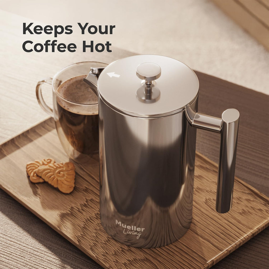 MuellerLiving French Press Coffee Maker – 34oz, Stainless Steel, 4-Filter