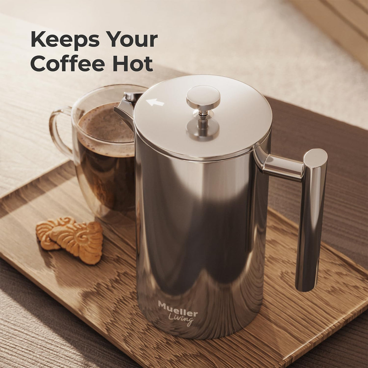 MuellerLiving French Press Coffee Maker – 34oz, Stainless Steel, 4-Filter