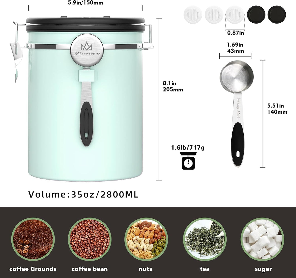 38 oz Stainless Steel Coffee Canister with Date Tracker & CO2 Valve – Mint Green, Airtight