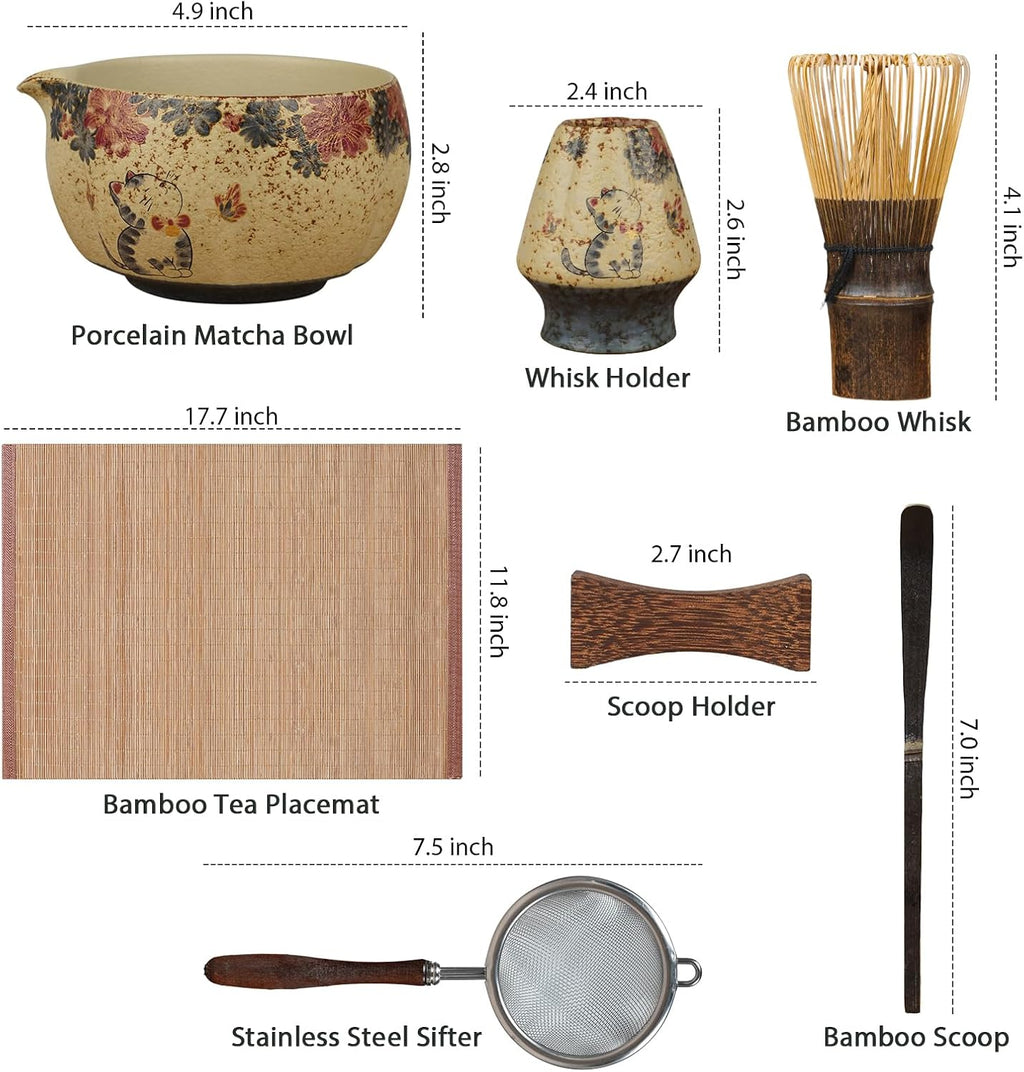7-Piece Matcha Set – Floral Bowl & Purple Bamboo Whisk