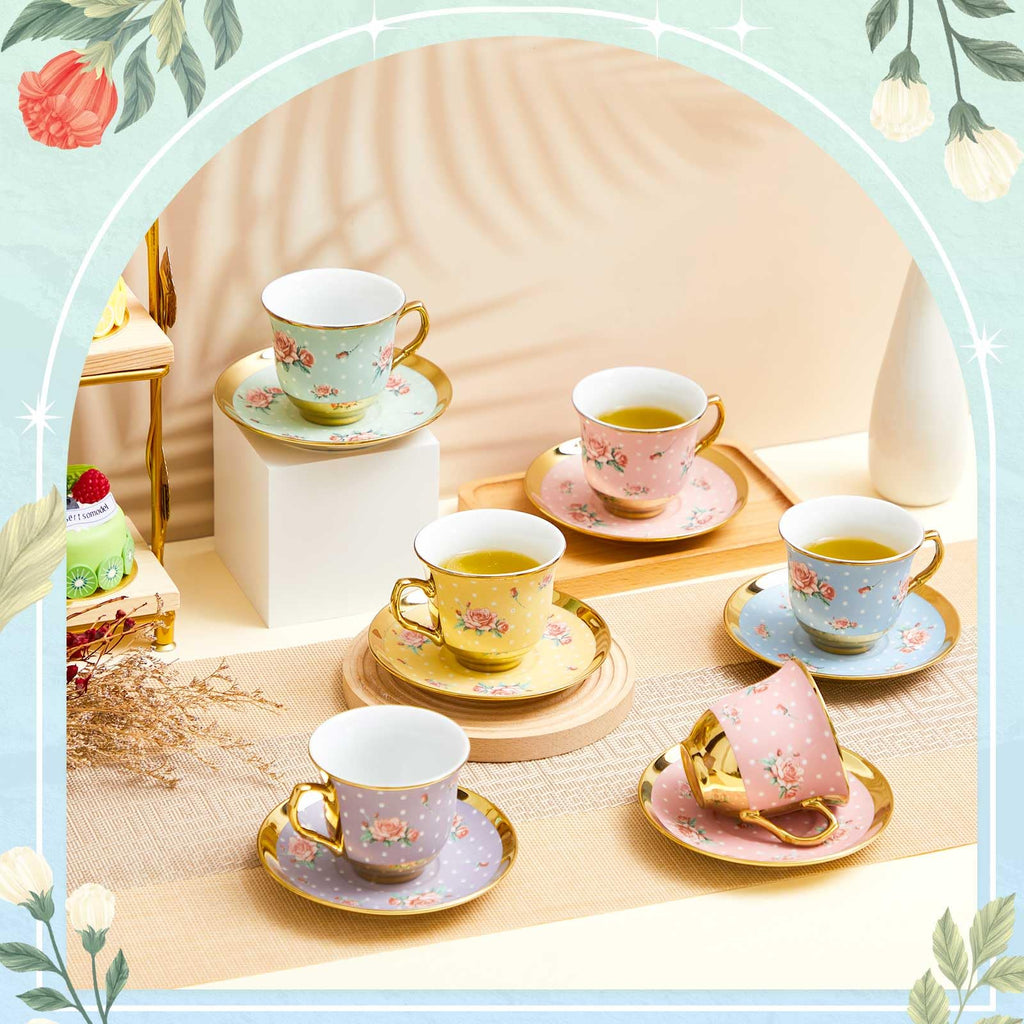 Floral Porcelain Tea Cups & Saucers Set of 18 – 6 Patterns, 5.4 oz