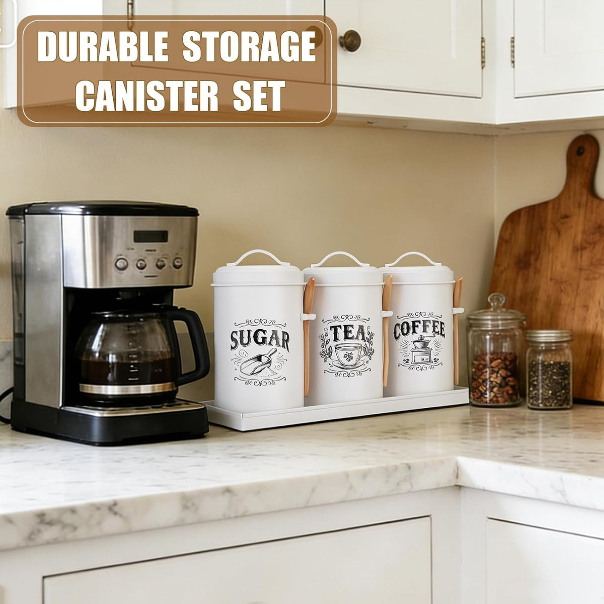 White Coffee, Tea & Sugar Canister Set of 3 with Tray & Wood Scoops – Metal, Airtight, Farmhouse
