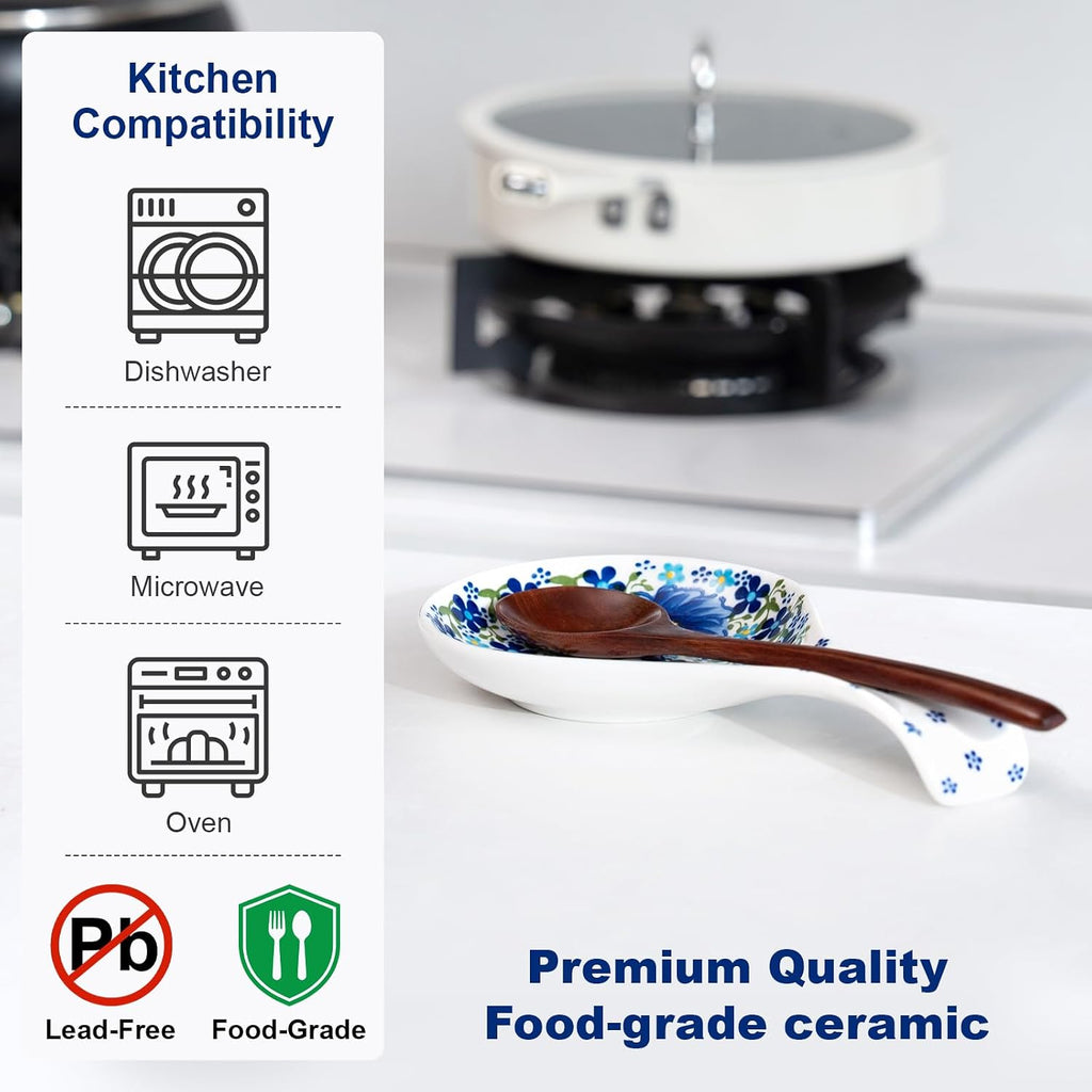 Large Ceramic Spoon Rest – Blue Floral, Heat Resistant, Dishwasher Safe, Gift Box