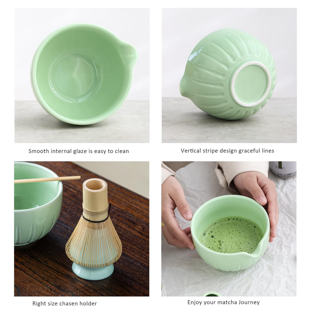 Tang Pin 5-Piece Matcha Set – 15oz Mottled Green Ceramic Bowl, Whisk, Scoop & Chasen Holder
