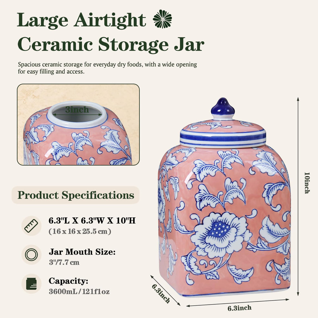 Ceramic Tea & Coffee Canister with Airtight Lid – 10" H, 121 fl oz, Green Peony Chinoiserie