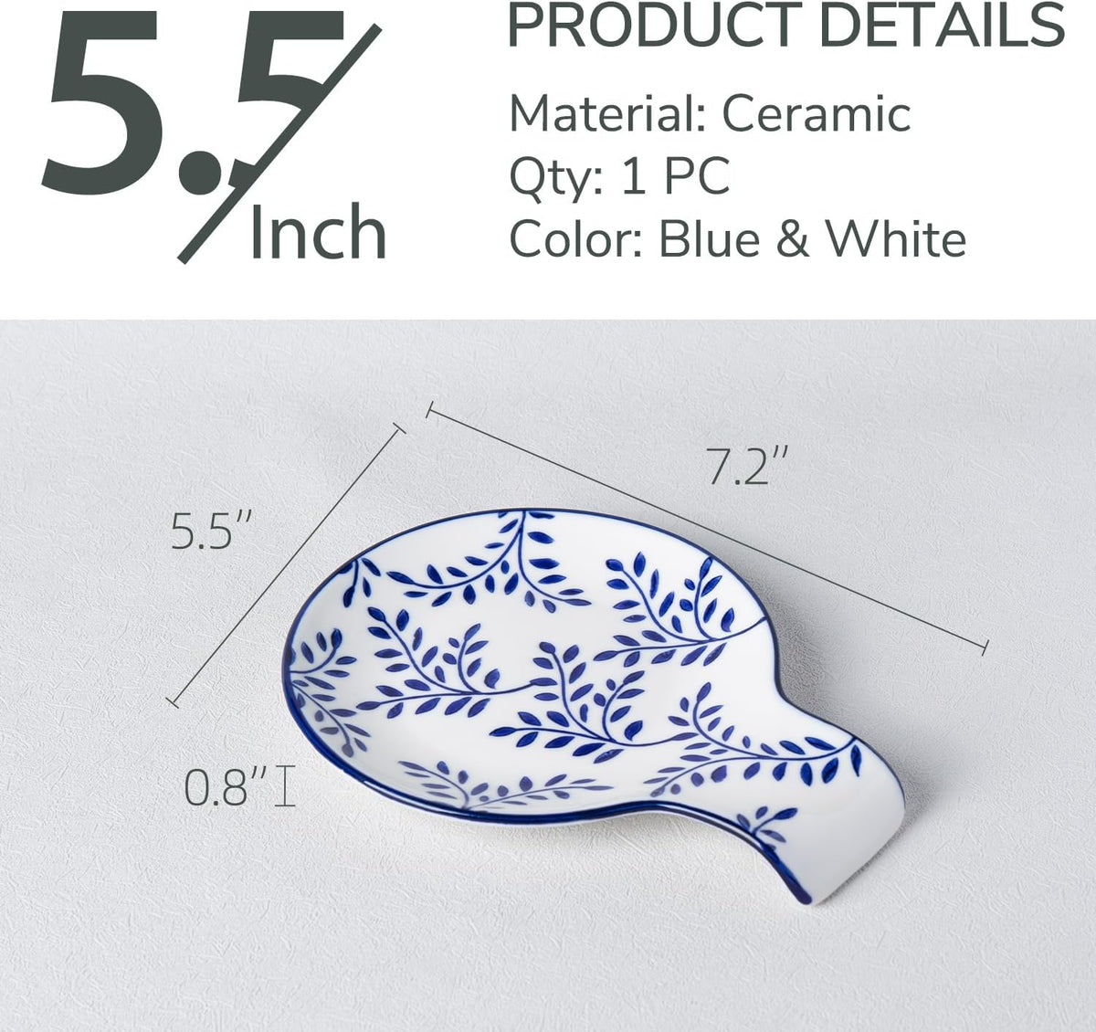 Ceramic Vintage Spoon Rest – 5.5" Blue & White Leaf, Porcelain