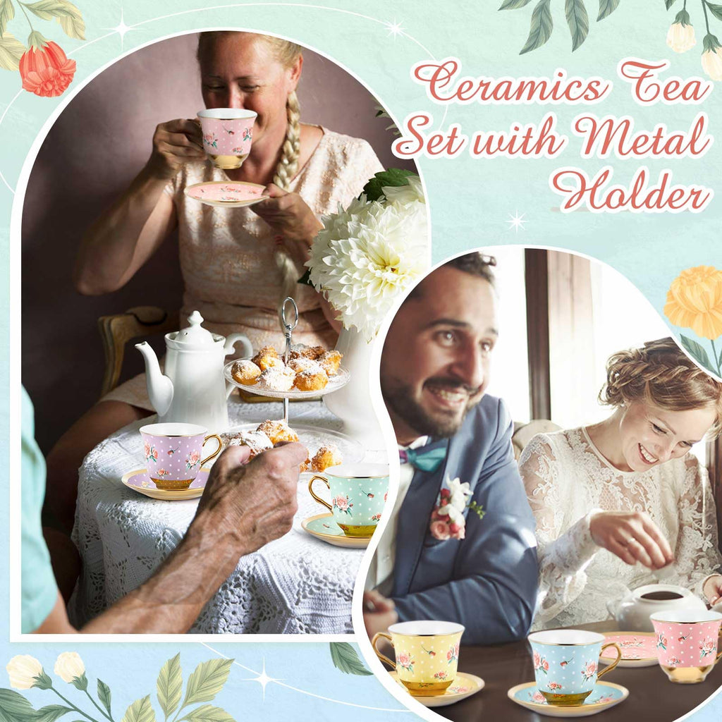 Floral Porcelain Tea Cups & Saucers Set of 18 – 6 Patterns, 5.4 oz