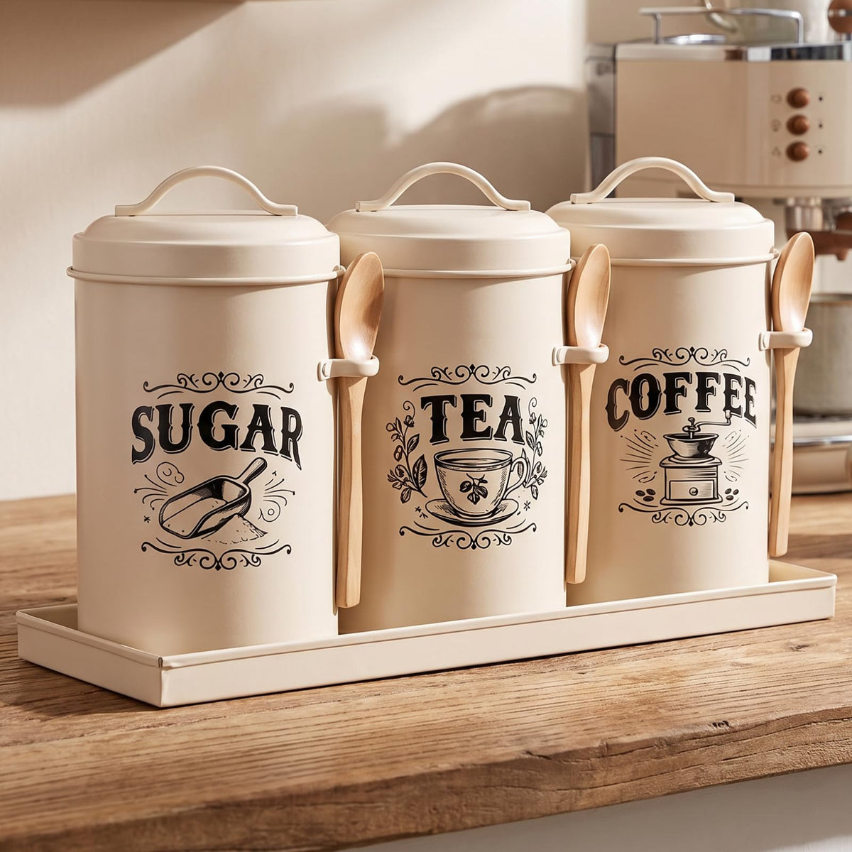 White Coffee, Tea & Sugar Canister Set of 3 with Tray & Wood Scoops – Metal, Airtight, Farmhouse