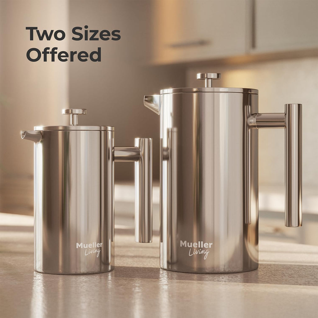 MuellerLiving French Press Coffee Maker – 34oz, Stainless Steel, 4-Filter