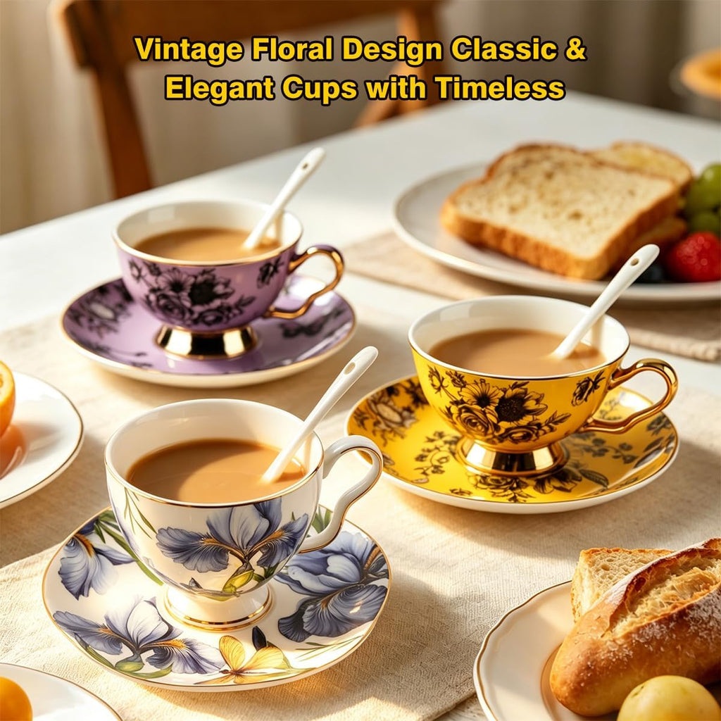 Bone China Floral Tea Cup & Saucer Set with Spoon – 7 oz