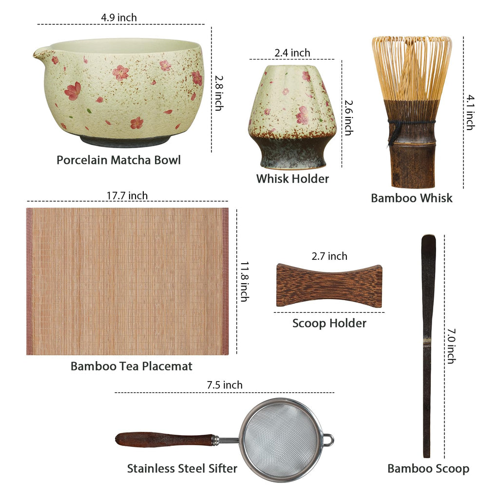 7-Piece Matcha Set – Floral Bowl & Purple Bamboo Whisk