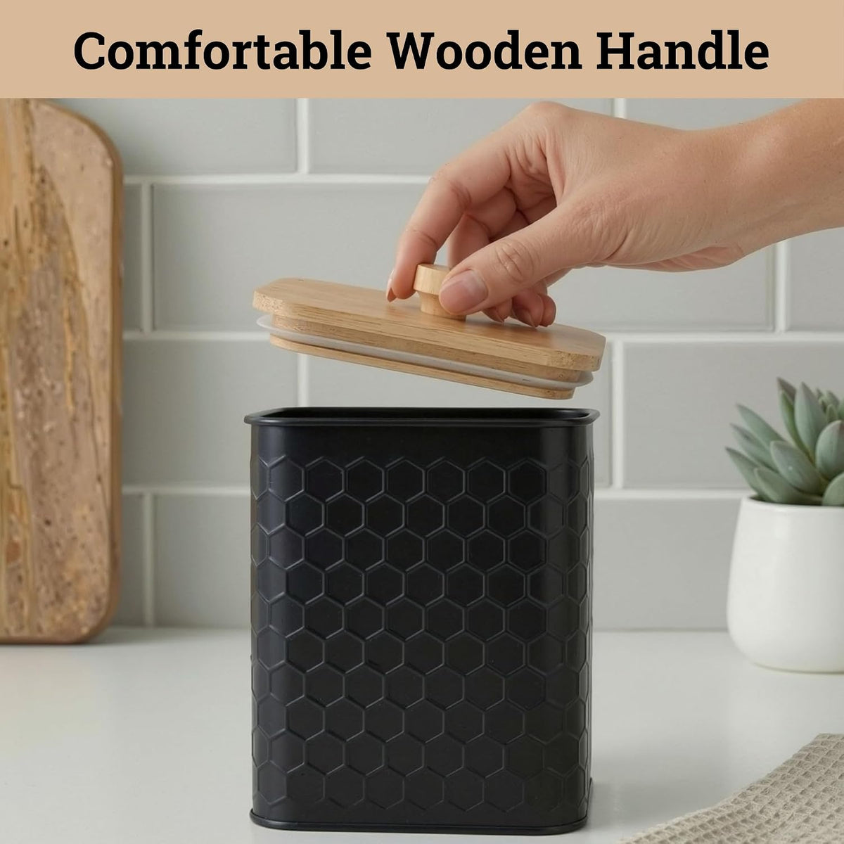 Honeycomb Metal Kitchen Canister Set of 4 – Airtight Bamboo Lids, Matte Black, 1.25–6.5 qt
