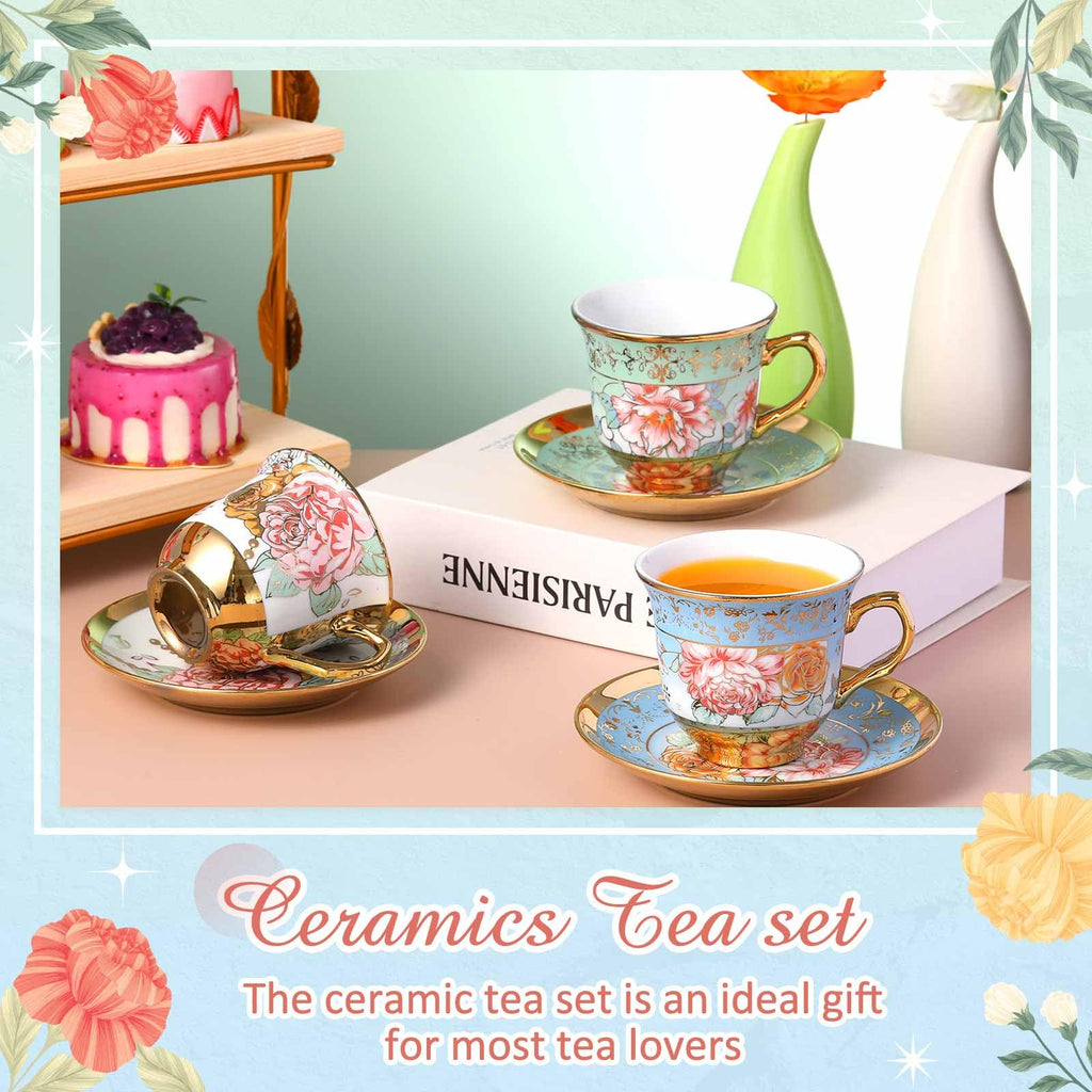 Floral Porcelain Tea Cups & Saucers Set of 18 – 6 Patterns, 5.4 oz
