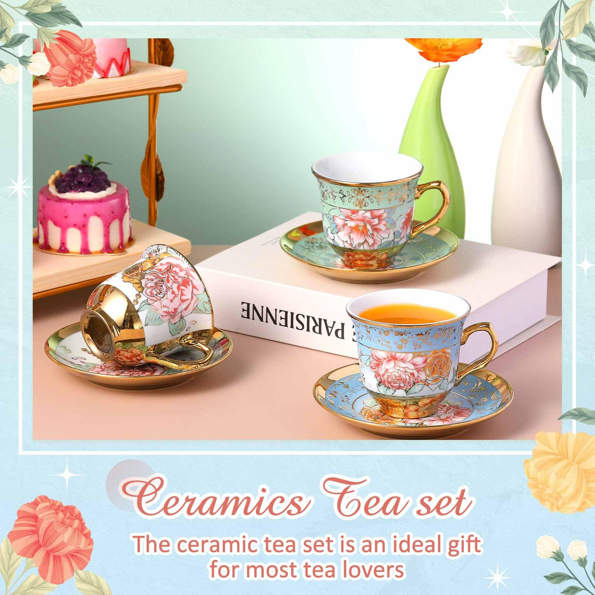 Floral Porcelain Tea Cups & Saucers Set of 18 – 6 Patterns, 5.4 oz